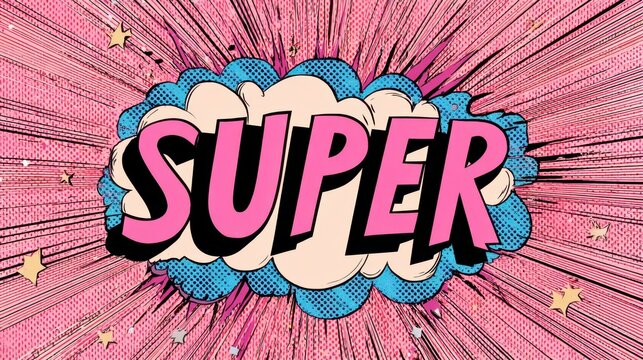 Super word in pop art comic text bubble. Pink retro explosion with boom effect. Dynamic comic book element.