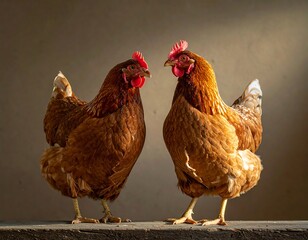 Two brown hens facing each other