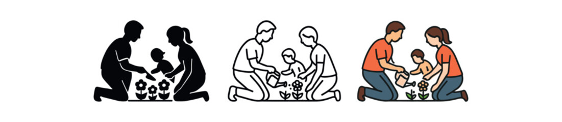 Fototapeta premium family gardening flowers icon on white background Black silhouette flat icon outline icon and colored icon style. 1x3 grid. three minimal vector icon style. centered composition clear white
