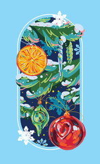 A New Year's card with painted holiday attributes. Fir branches and Christmas decorations painted with bright spots.