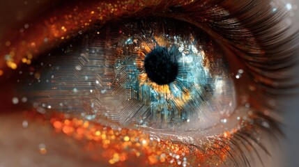 Close up of a human eye with digital circuit patterns in the iris. Concept of cybernetic vision, artificial intelligence and future technology.