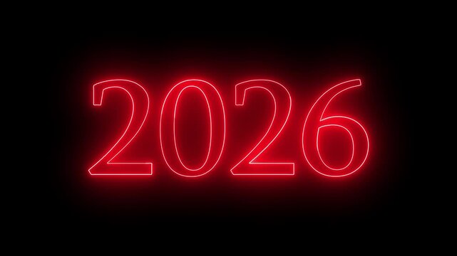 Neon glowing rad color 2026 text, word, animation on a black background.