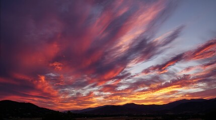 Incredible dramatic golden red sunset sky over dark silhouette mountains with fiery clouds. Majestic natural landscape.