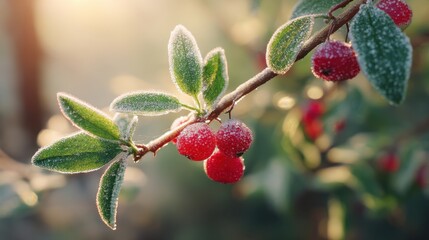 Close up of a branch with red berry and green leaves covered in frost or rime, lit by sunlight. First morning light in winter garden, christmas background.
