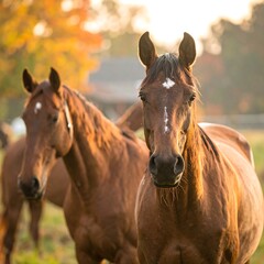 Two brown horses in autumnal field