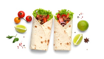 Two burritos with fillings, surrounded by fresh ingredients