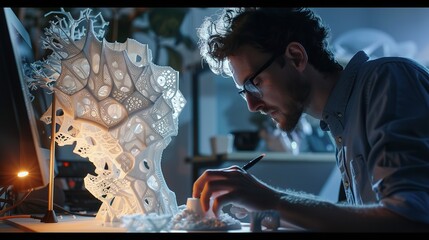 Young artist meticulously refining a complex 3d model, using hand tools to perfect its intricate design