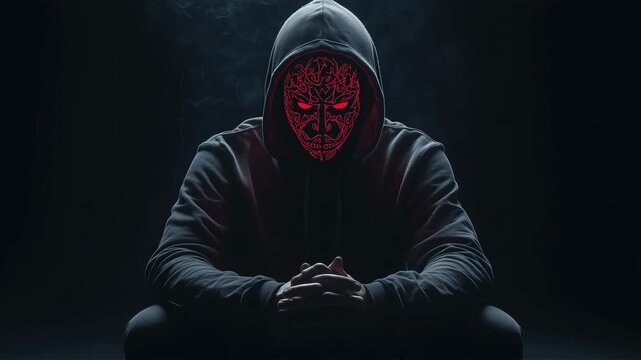 フード姿の仮面人物と匿名の象徴的存在