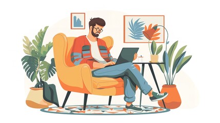Man working on laptop while sitting on armchair at home in a cozy and comfortable environment