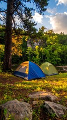 Two camping tents nestled beneath a towering tree near a tranquil lake, surrounded by colorful autumn foliage