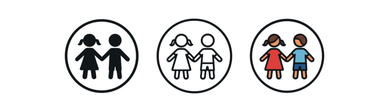 kids holding hands circle icon on white background Black silhouette flat icon outline icon and colored icon style. 1x3 grid. three minimal vector icon style. centered composition clear