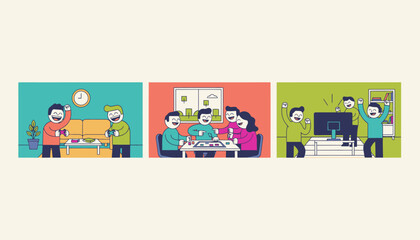 Fototapeta premium A cheerful virtual game night scene where friends are laughing and playing together across several screens in vibrant living rooms.