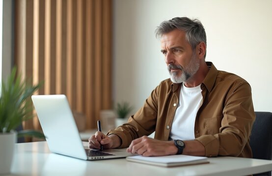 Middle-aged man writes in notebook watching laptop lesson. Focused male studies online course from home. Person learns new skill, takes notes for remote education. Serious man concentrates on