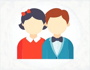 Two child-like figures, girl & boy, in simple flat design