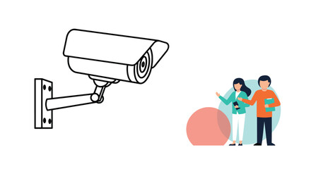 An outline drawing of a wall-mounted security camera watching over two modern business professionals engaged in discussion or collaboration, representing security and workplace themes.