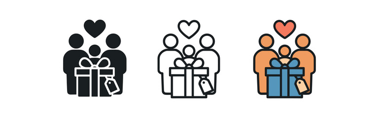 family handmade gift icon on white background Black silhouette flat icon outline icon and colored icon style. 1x3 grid. three minimal vector icon style. centered composition clear white
