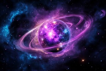 Obraz premium Purple planet surrounded by cosmic rings glows brightly amidst nebulae and stardust in outer space.