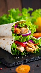 Two chicken wraps stacked, filled with lettuce, red onion, and bell pepper