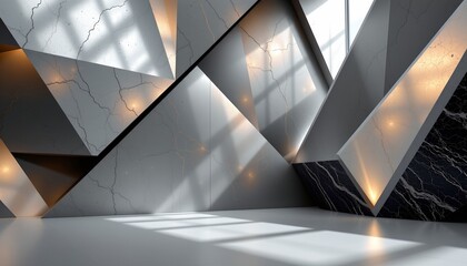 A futuristic interior space characterized by a modern architectural style, with an abstract and geometric pattern dominating the design