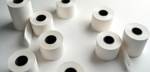 Photo of white label rolls. Rolls of sticker labels for printing. Blank paper roll with black inner core. Background is white clean. Ideal for retail business.