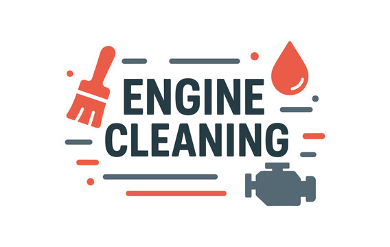 Flat vector banner design text ENGINE CLEANING supporting icons of brush oil drop and engine symbol steel gray and red palette isolated on white marketing approved bright palette with