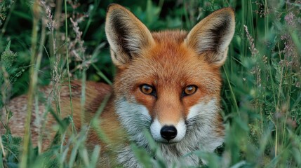 Obraz premium Wild red fox resting in tall grass during a sunny afternoon in a serene natural habitat