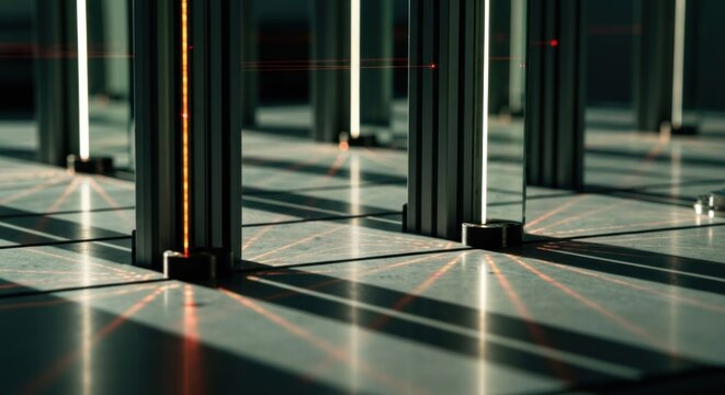 Metallic posts stand on a tiled floor with light streaks creating patterns