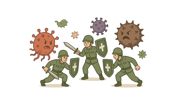 immune system as army fighting pathogens defense metaphor for disease resistance flat vector illustration style isolated on white background clean lines soft no gradient no text centered