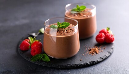 Two chocolate smoothies in glass cups, garnished with cocoa and mint leaves, beside raspberries and strawberries