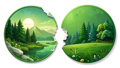 Two circular, ripped-open scenes of serene, green landscapes