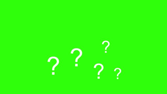 White question mark symbol floating and rotating on a green screen background. Minimal 3D animation representing curiosity, confusion, help, or information. Perfect for explainer videos, tutorials