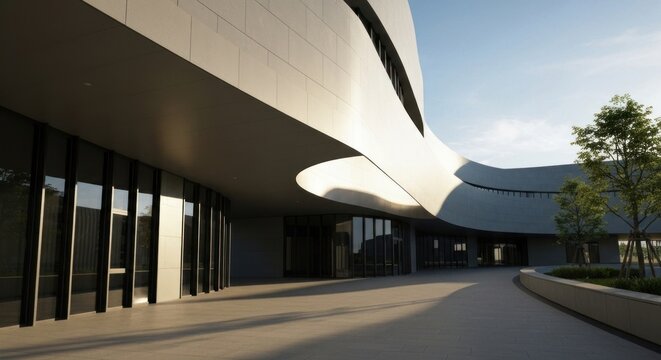 Modern architecture with curved concrete roof and window facade - Powered by Adobe