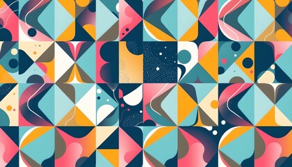A digital art piece featuring an abstract geometric design composed of various shapes such as triangles, rectangles, and circles