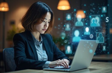 Young Asian woman works on laptop in modern office. Digital interface displays human profiles. She manages team connections, analyzing data for corporate strategy.