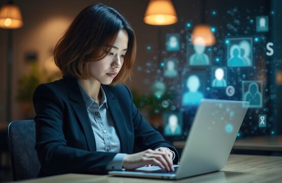 Young Asian woman works on laptop in modern office. Digital interface displays human profiles. She manages team connections, analyzing data for corporate strategy.