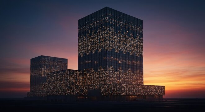 Modern, geometric architecture against a dusky sky with shimmering patterns