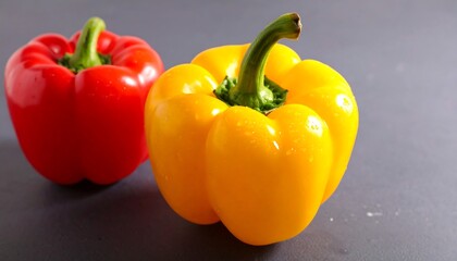Two colorful peppers, red and yellow, on a gray surface