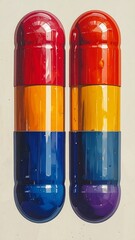 Two colorful, glossy pill capsules, vertically aligned