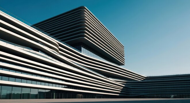 Modern office architecture with flowing lines against a bright blue sky