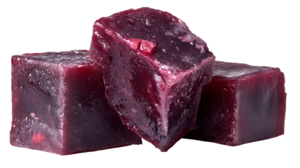 Three vibrant purple fruit jelly cubes isolated on transparent background