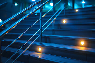 Obraz premium 夜の照明に照らされた近代的な屋内階段とステンレス手すりのディテール
