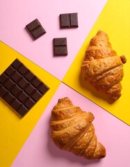 Two croissants and chocolate bars on pink and yellow backgrounds