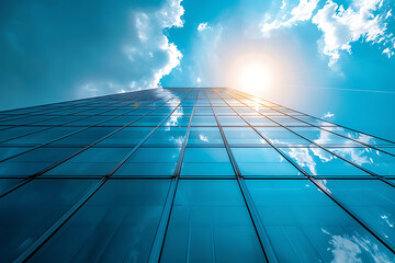 青空と雲を映し出す近代的オフィスビルのガラス外壁の反射構図