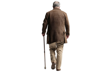 Elderly man with gray hair walking with a cane in a quiet setting during the late afternoon light