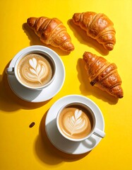 Two cups of latte art coffee and croissants on yellow background