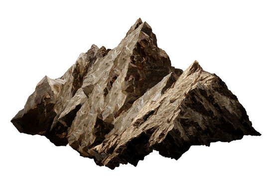 rock on white/Close-up of rugged rocky mountain formation with sharp edges and natural stone texture isolated on white background.