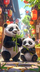 Two cute panda cubs eating bamboo in a vibrant Chinese street scene