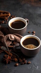 Two dark brown mugs of coffee, surrounded by coffee beans, cinnamon sticks, and spices on a dark surface