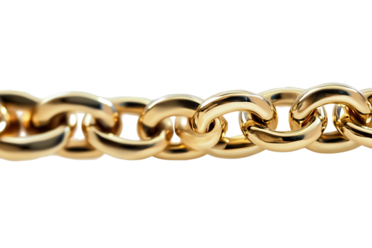 Close up view of a shiny gold chain showcasing its smooth links and bright finish isolated on a transparent background
