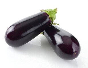 Two dark purple eggplants on white background